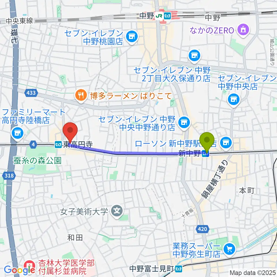 新中野駅からエンジェルハープへのルートマップ地図