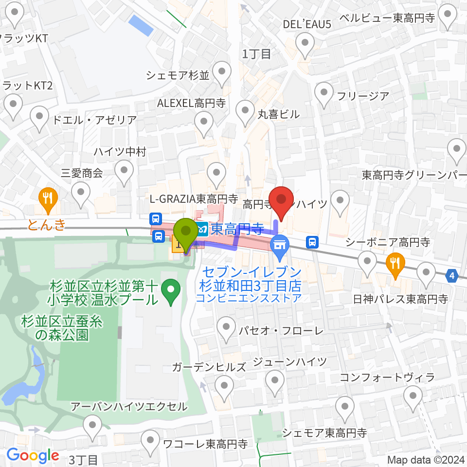 エンジェルハープの最寄駅東高円寺駅からの徒歩ルート（約2分）地図