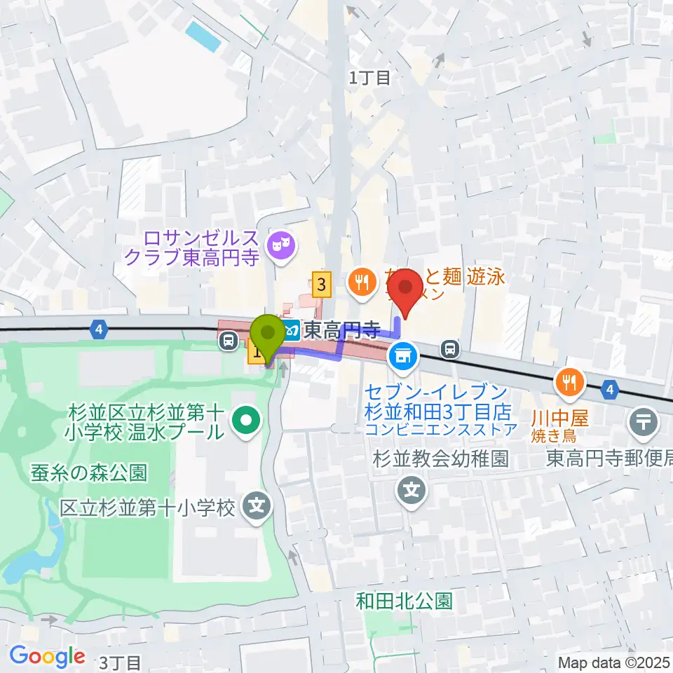 エンジェルハープの最寄駅東高円寺駅からの徒歩ルート（約2分）地図