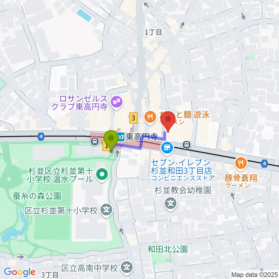 エンジェルハープの最寄駅東高円寺駅からの徒歩ルート（約2分）地図