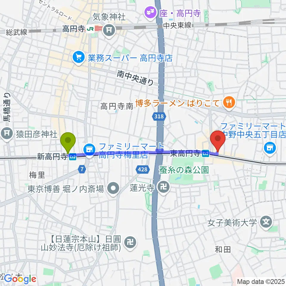 新高円寺駅からエンジェルハープへのルートマップ地図