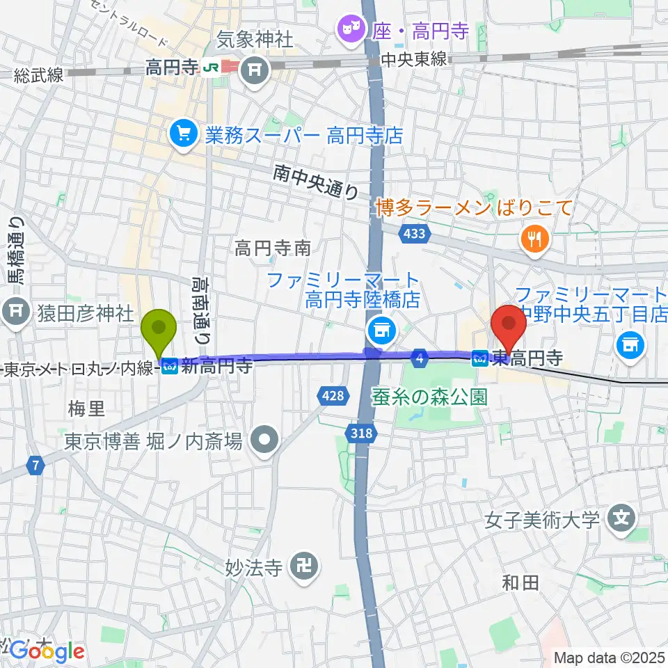新高円寺駅からエンジェルハープへのルートマップ地図