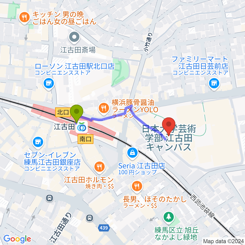 日本大学芸術学部 音楽学科の最寄駅江古田駅からの徒歩ルート（約3分）地図