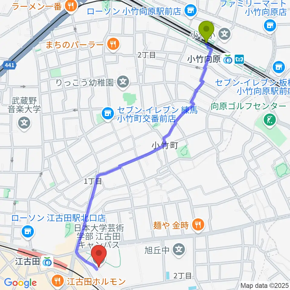 小竹向原駅から日本大学芸術学部 音楽学科へのルートマップ地図