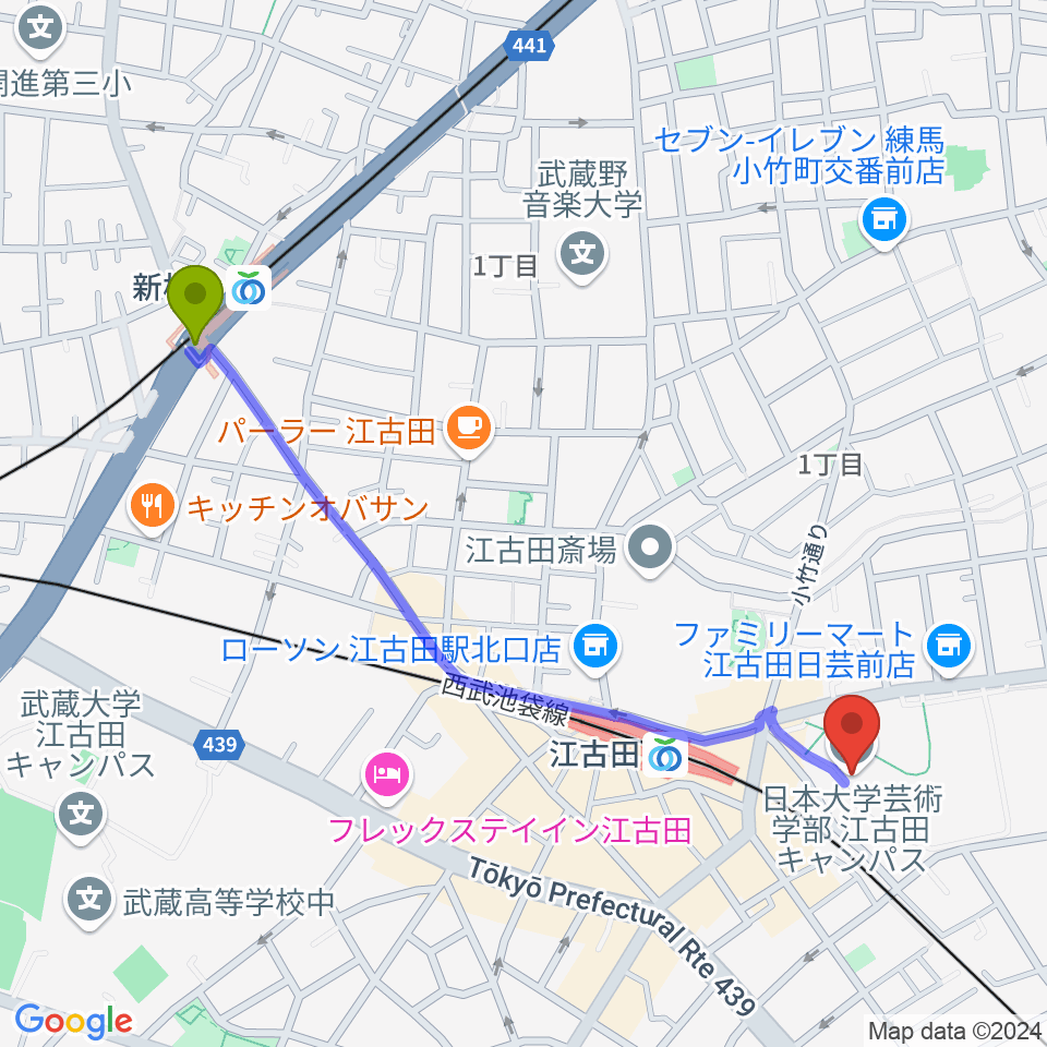 新桜台駅から日本大学芸術学部 音楽学科へのルートマップ地図