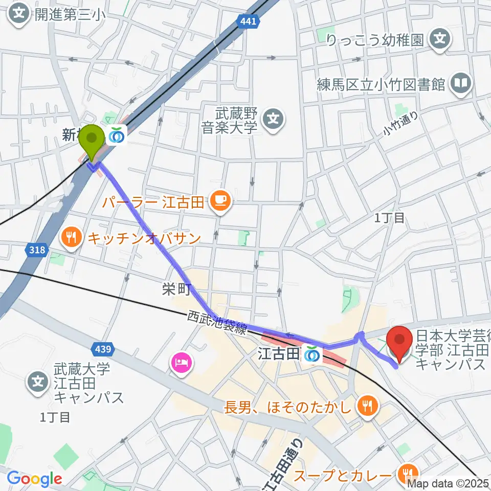 新桜台駅から日本大学芸術学部 音楽学科へのルートマップ地図