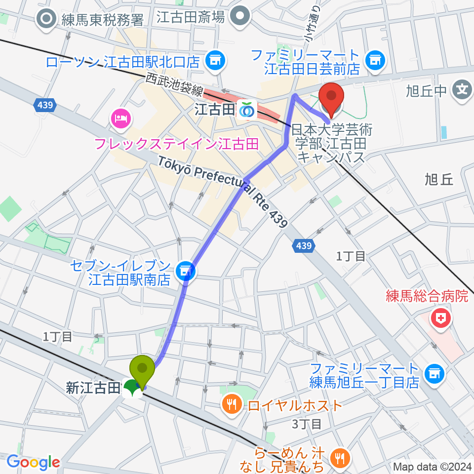 新江古田駅から日本大学芸術学部 音楽学科へのルートマップ地図