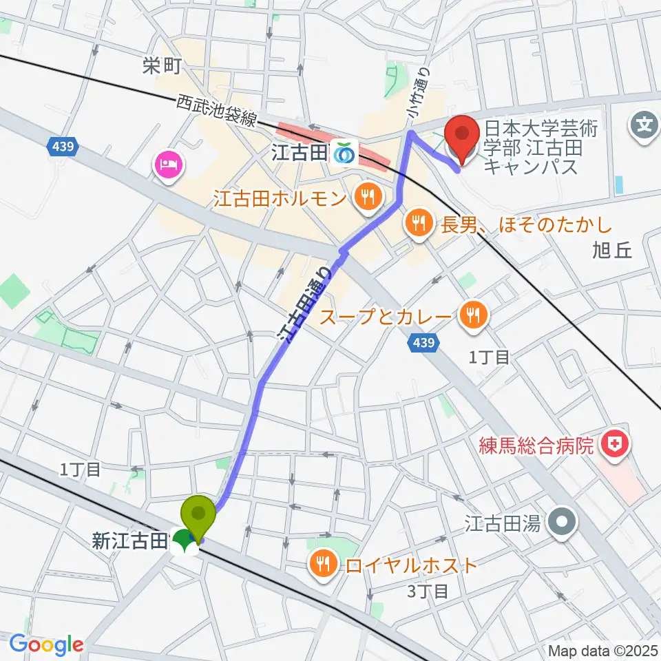 新江古田駅から日本大学芸術学部 音楽学科へのルートマップ地図