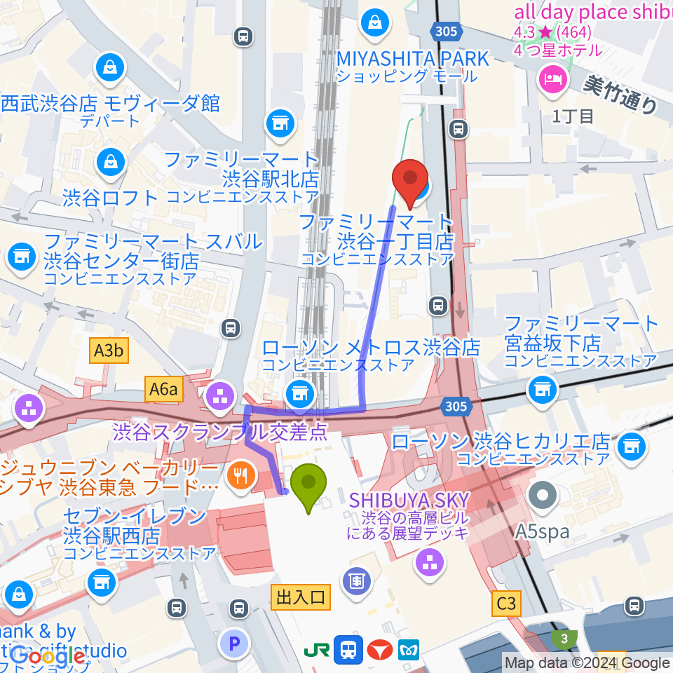 東京ダンス・俳優&舞台芸術専門学校の最寄駅渋谷駅からの徒歩ルート（約4分）地図