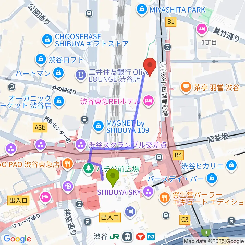 東京ダンス・俳優&舞台芸術専門学校の最寄駅渋谷駅からの徒歩ルート（約4分）地図