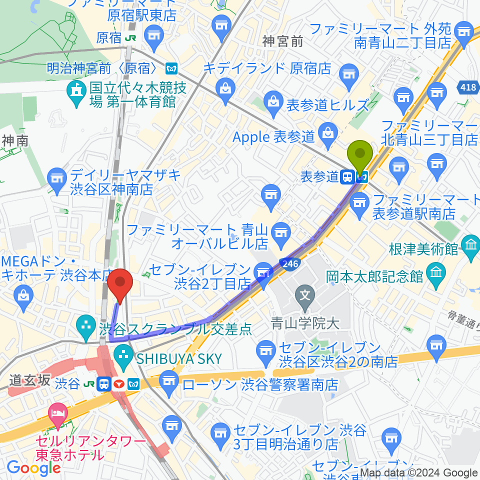 表参道駅から東京ダンス・俳優&舞台芸術専門学校へのルートマップ地図