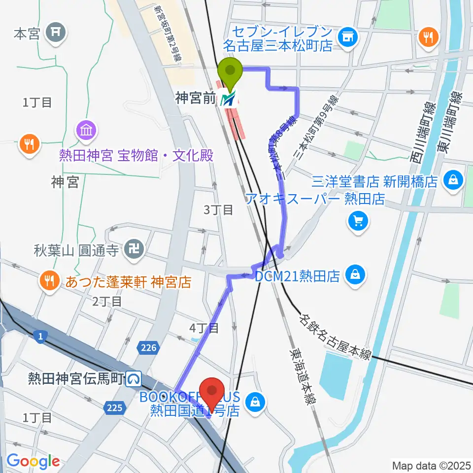 神宮前駅から名古屋工学院専門学校へのルートマップ地図