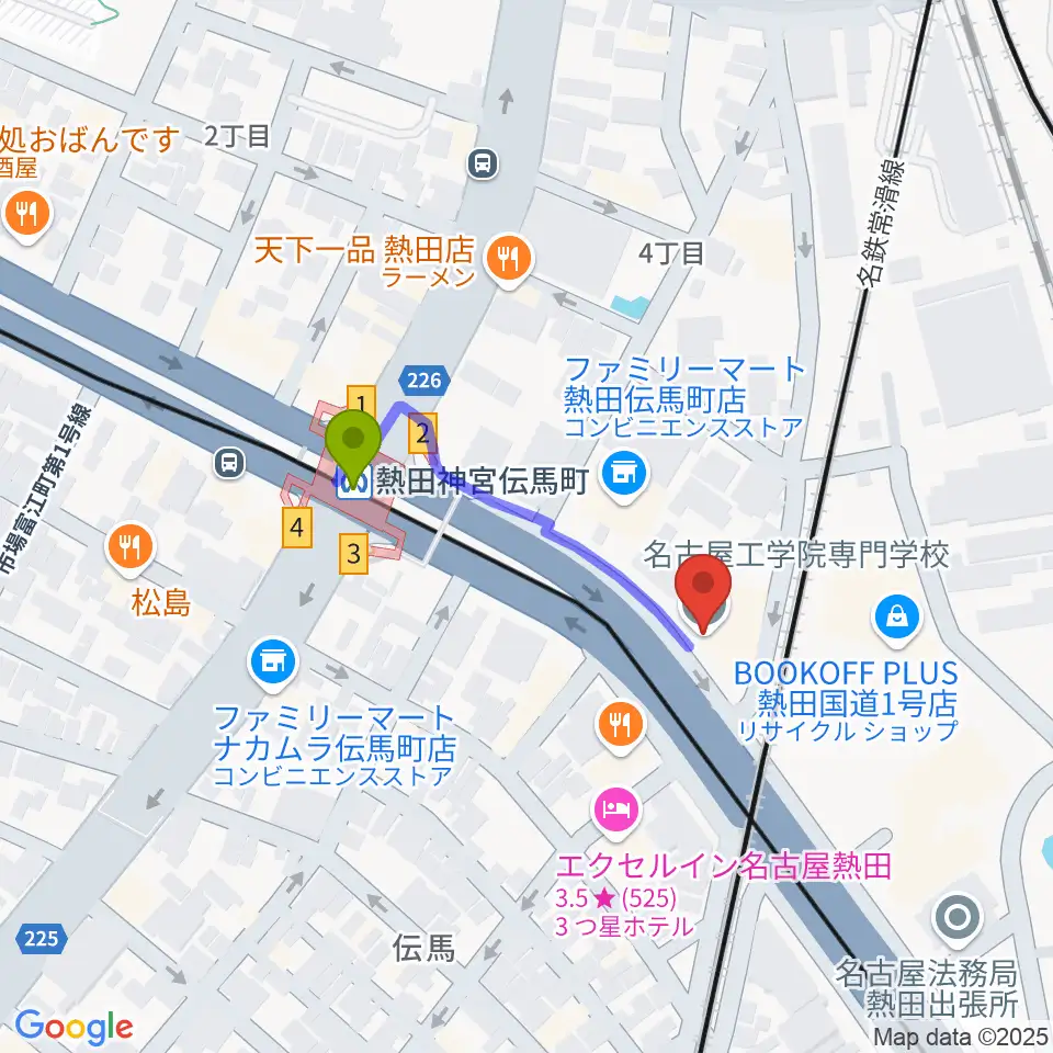 名古屋工学院専門学校の最寄駅伝馬町駅からの徒歩ルート（約3分）地図