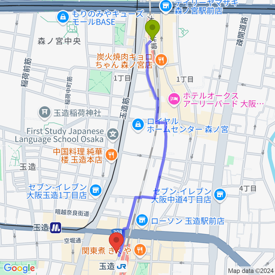 森ノ宮駅からESA音楽学院専門学校へのルートマップ地図