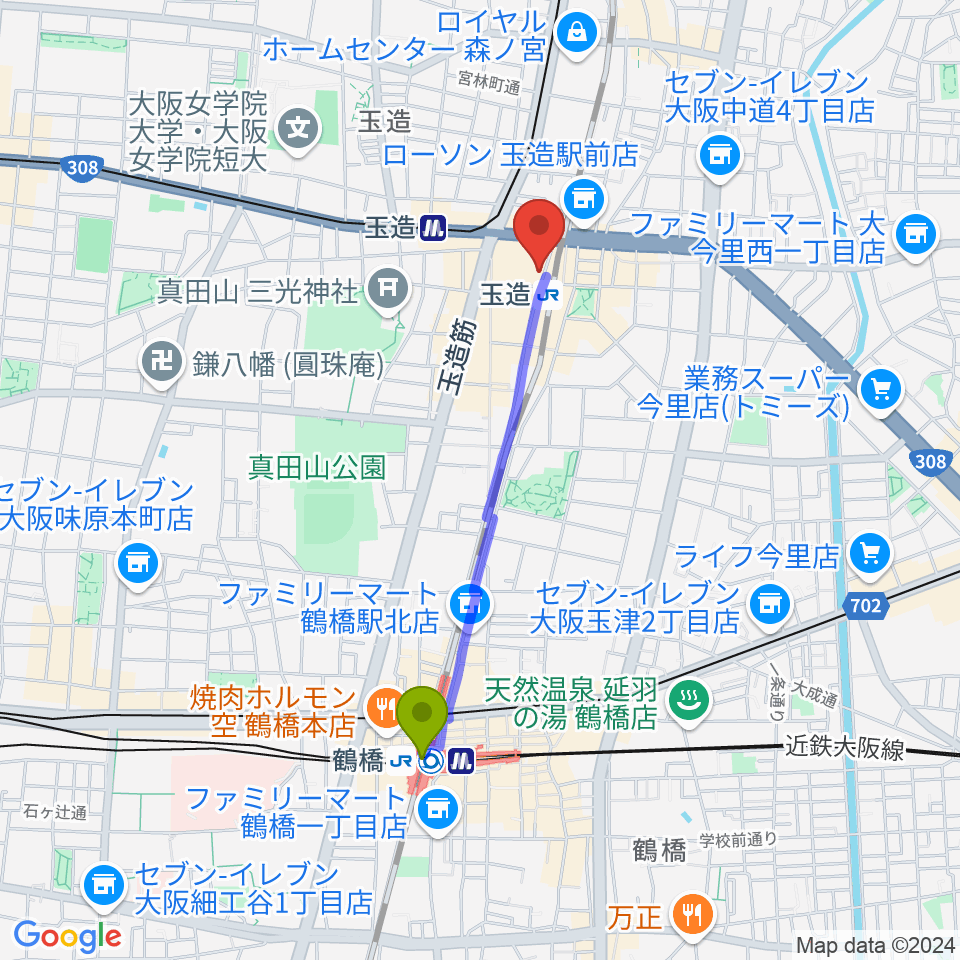 鶴橋駅からESA音楽学院専門学校へのルートマップ地図