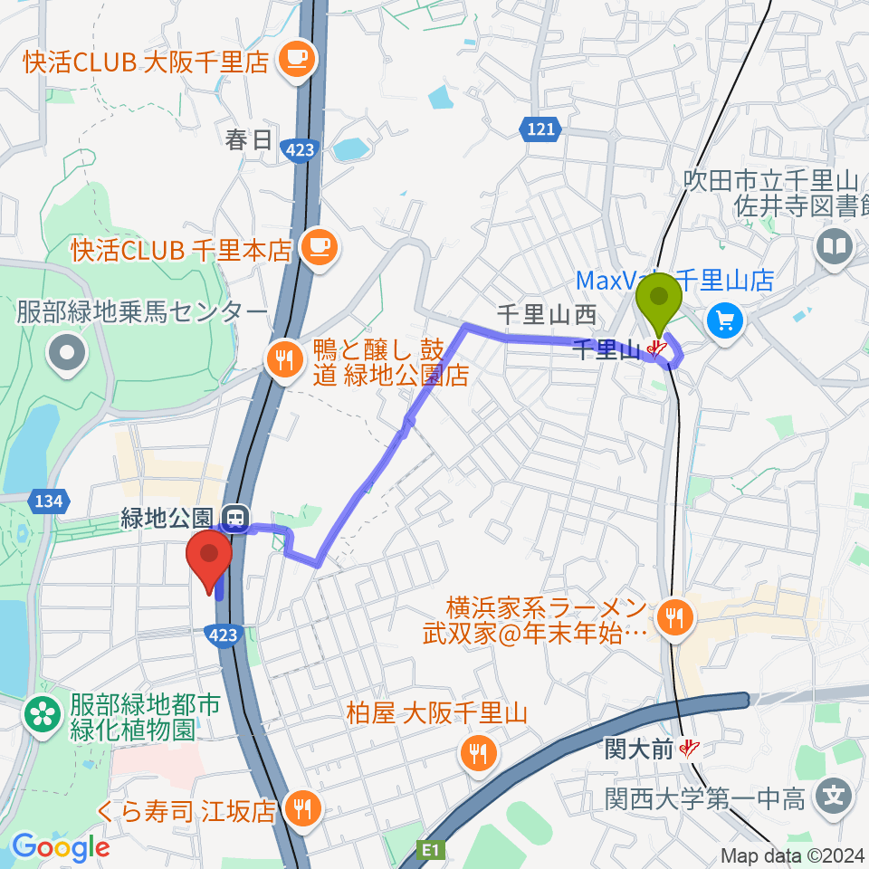 千里山駅から令和音楽院へのルートマップ地図