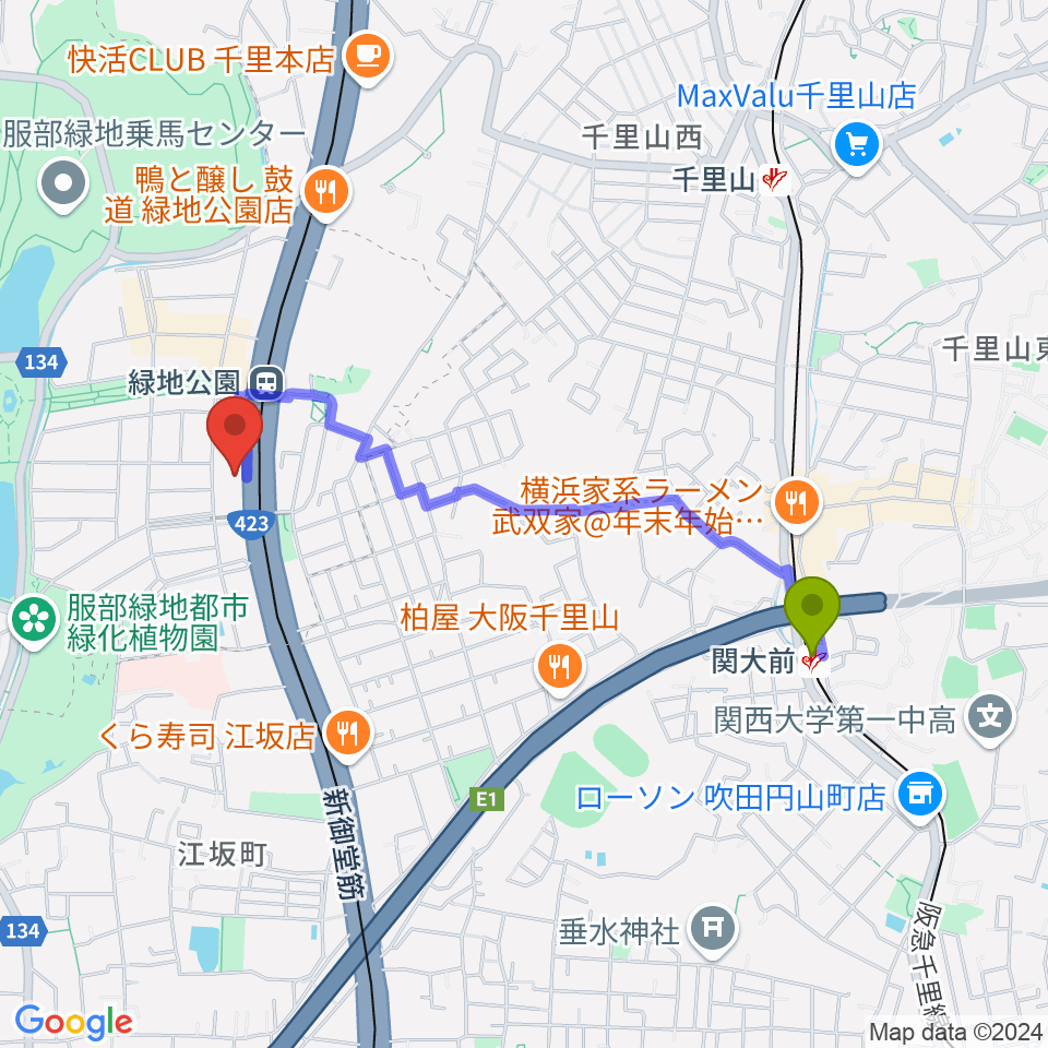 関大前駅から令和音楽院へのルートマップ地図