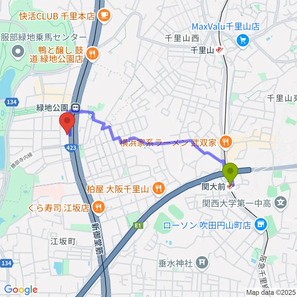 関大前駅から令和音楽院へのルートマップ地図