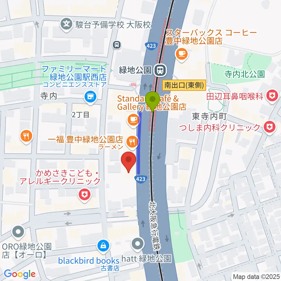 令和音楽院の最寄駅緑地公園駅からの徒歩ルート（約2分）地図