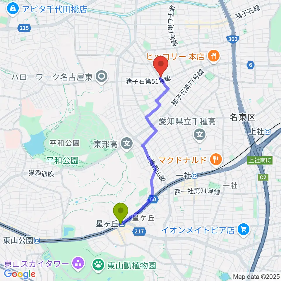 星ヶ丘駅からカジタミュージックスクール 名東教室へのルートマップ地図