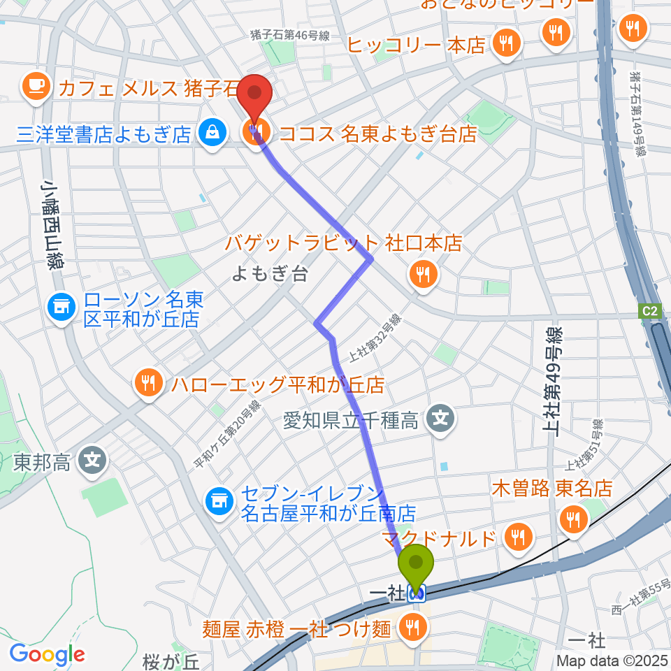 カジタミュージックスクール 名東教室の最寄駅一社駅からの徒歩ルート（約23分）地図