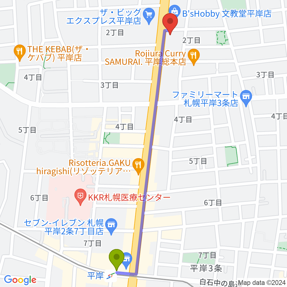 平岸駅から経専音楽放送芸術専門学校へのルートマップ地図