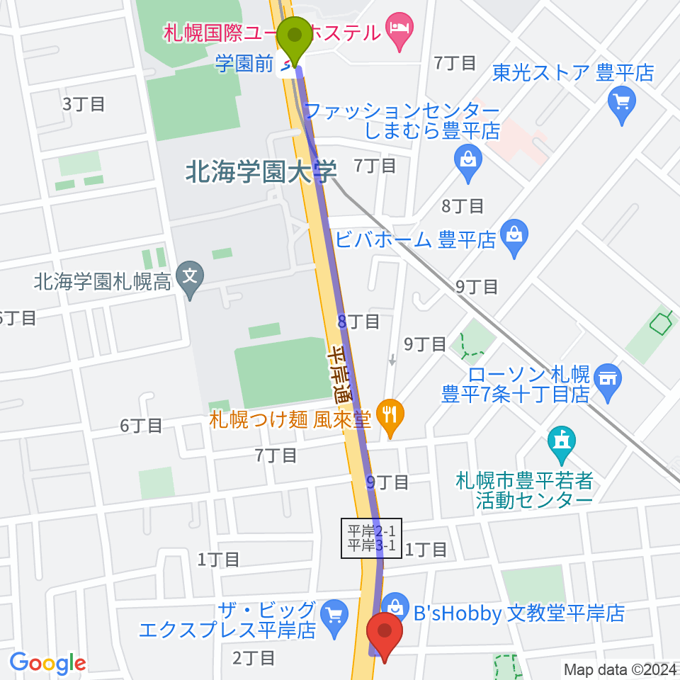 学園前駅から経専音楽放送芸術専門学校へのルートマップ地図