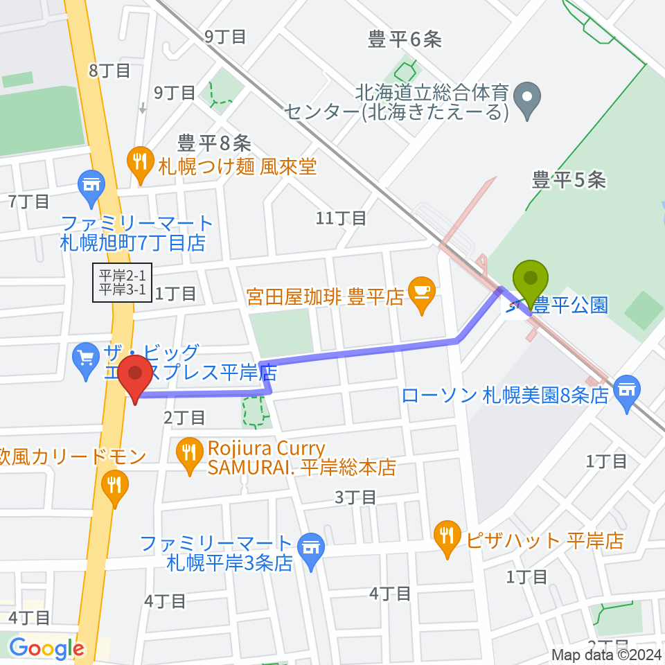 経専音楽放送芸術専門学校の最寄駅豊平公園駅からの徒歩ルート（約9分）地図