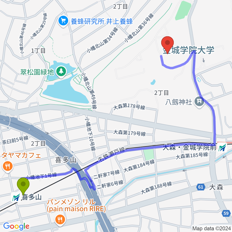 喜多山駅から金城学院大学 文学部 音楽芸術学科へのルートマップ地図