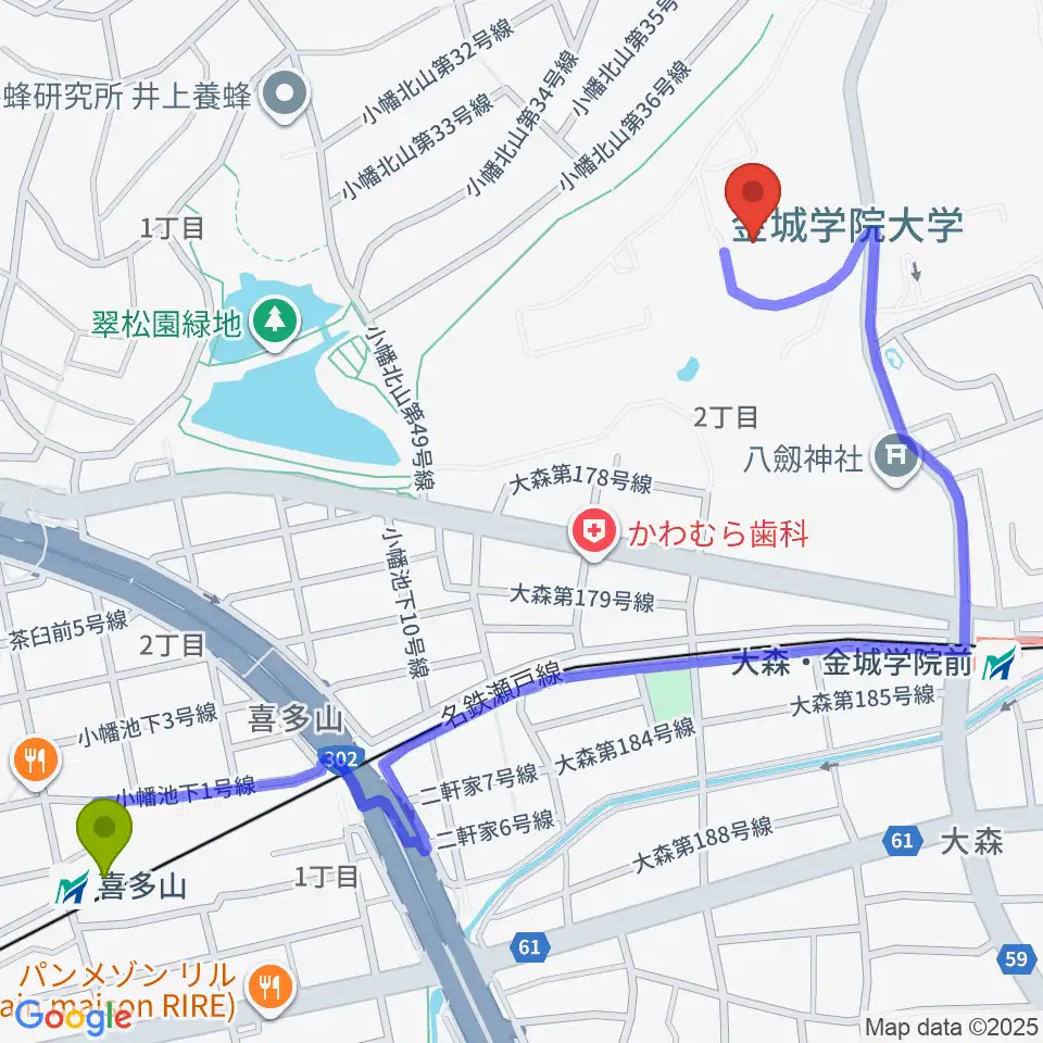 喜多山駅から金城学院大学 音楽芸術学科へのルートマップ地図