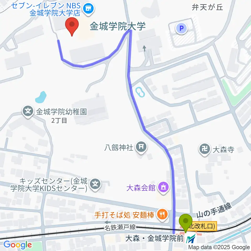 金城学院大学 音楽芸術学科の最寄駅大森・金城学院前駅からの徒歩ルート（約7分）地図