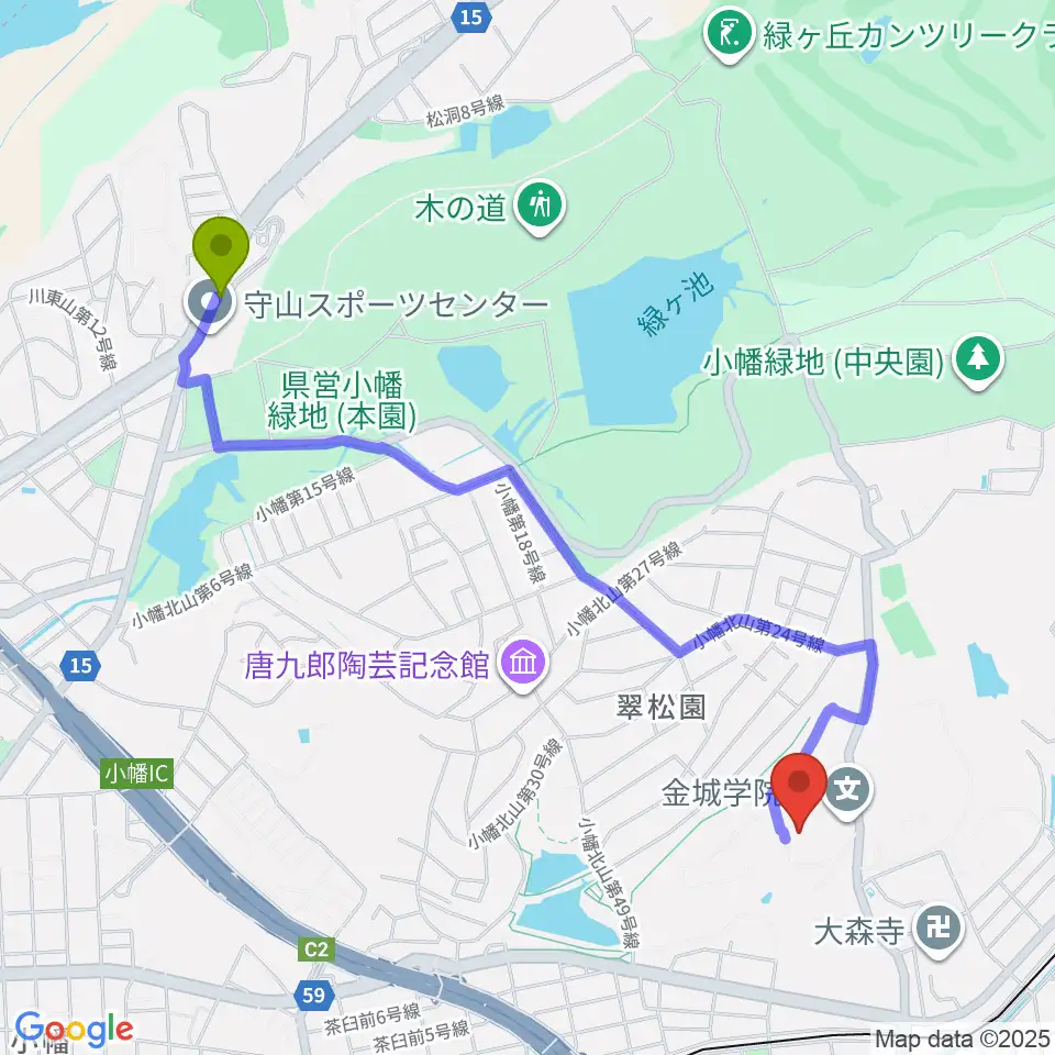小幡緑地駅から金城学院大学 音楽芸術学科へのルートマップ地図