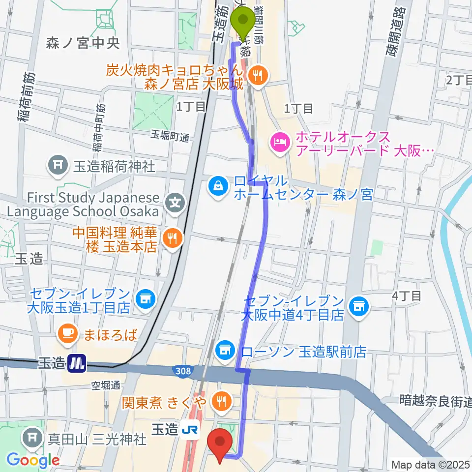 森ノ宮駅からKMC音楽院へのルートマップ地図