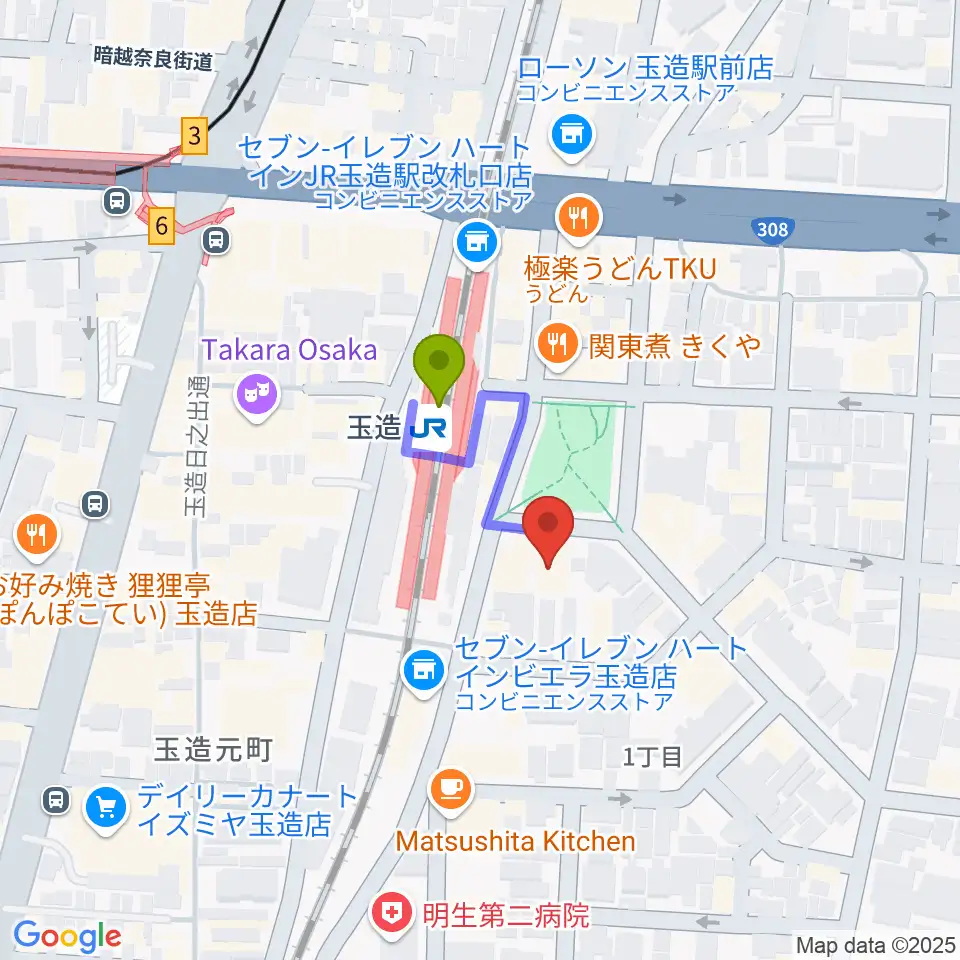 KMC音楽院の最寄駅玉造駅からの徒歩ルート（約2分）地図