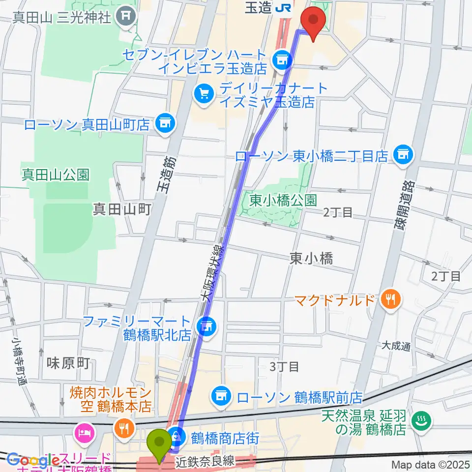 鶴橋駅からKMC音楽院へのルートマップ地図