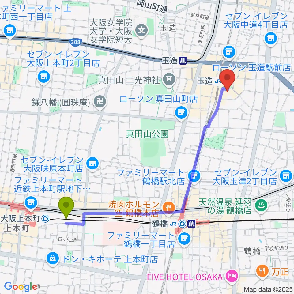 大阪上本町駅からKMC音楽院へのルートマップ地図