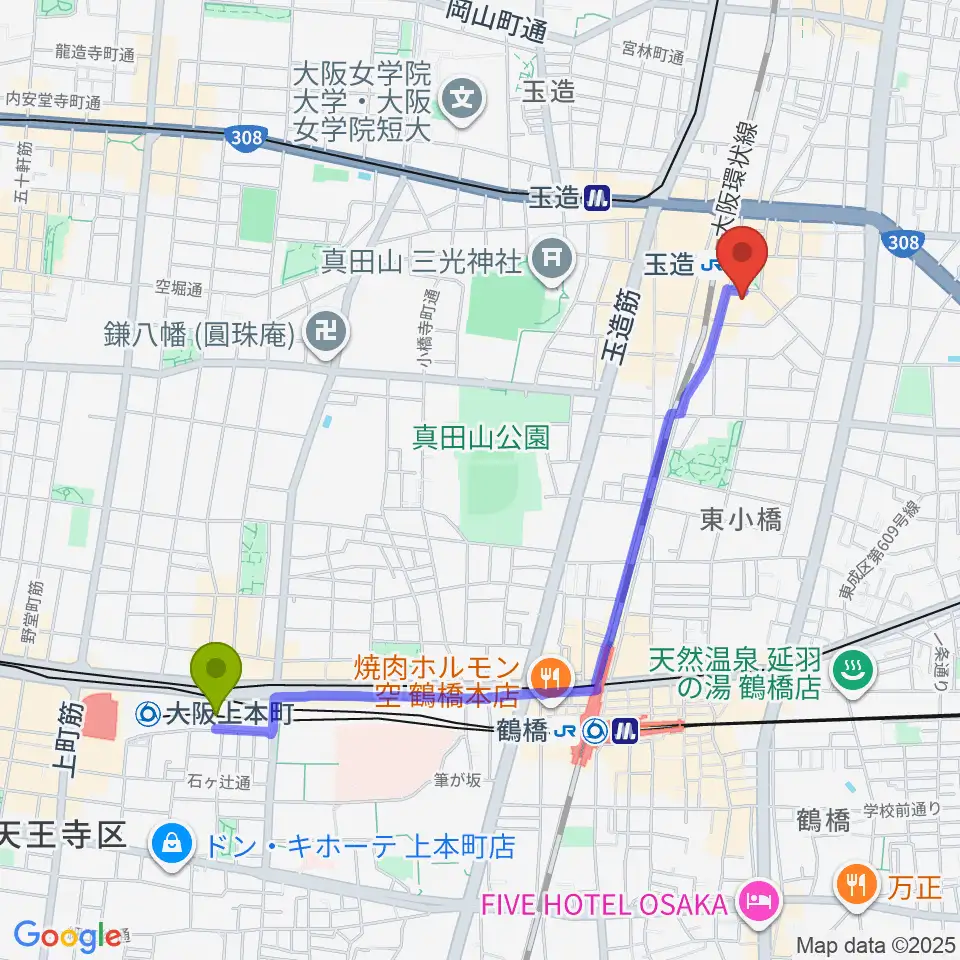 大阪上本町駅からKMC音楽院へのルートマップ地図