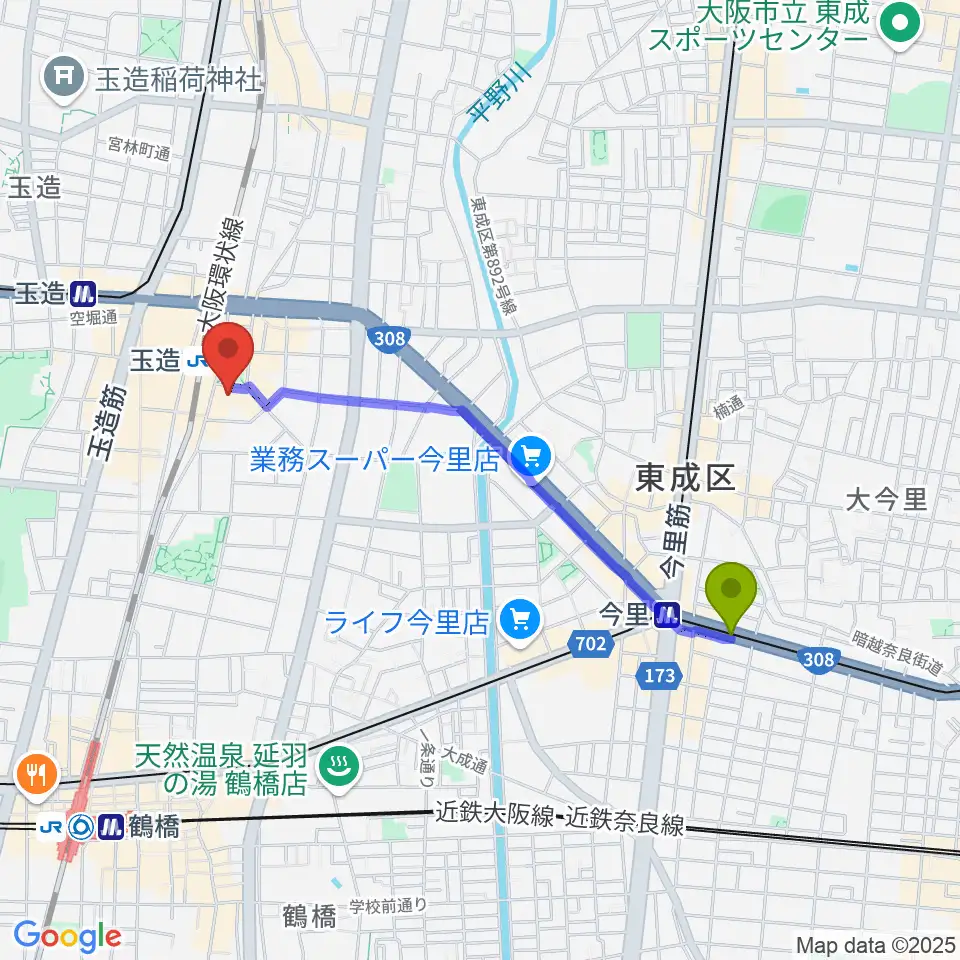 今里駅からKMC音楽院へのルートマップ地図