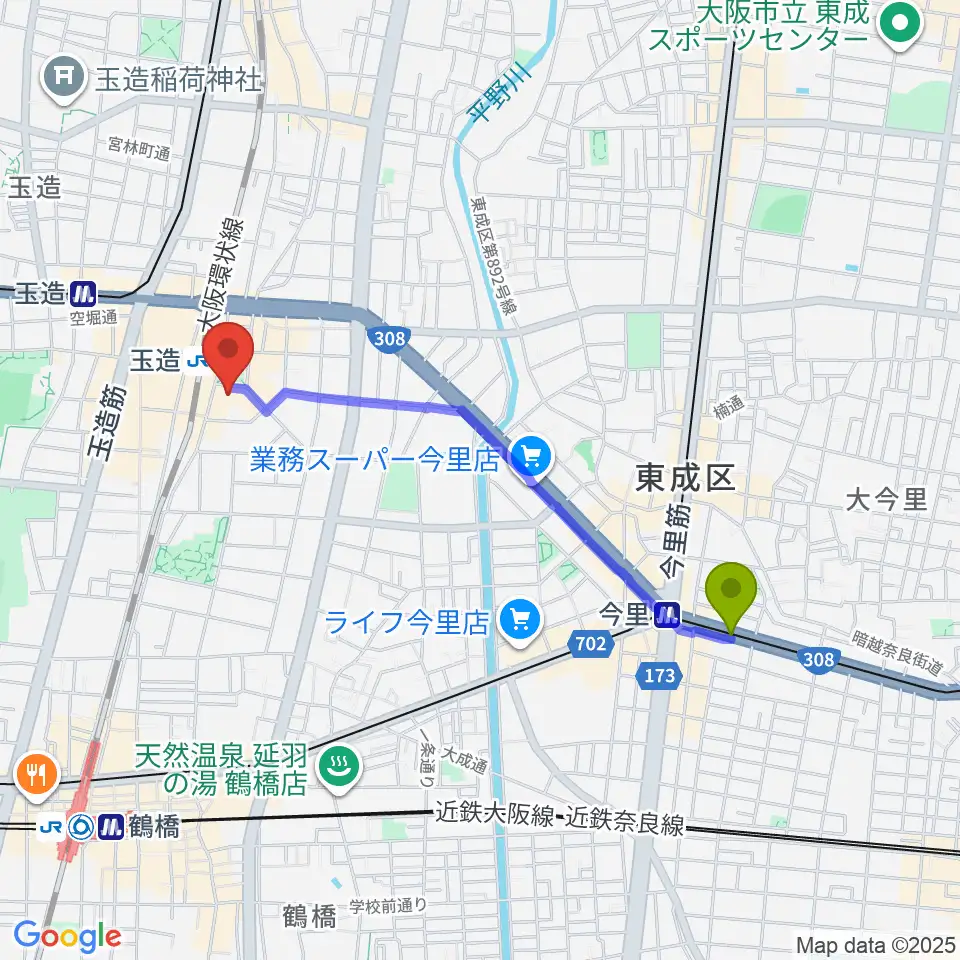 今里駅からKMC音楽院へのルートマップ地図