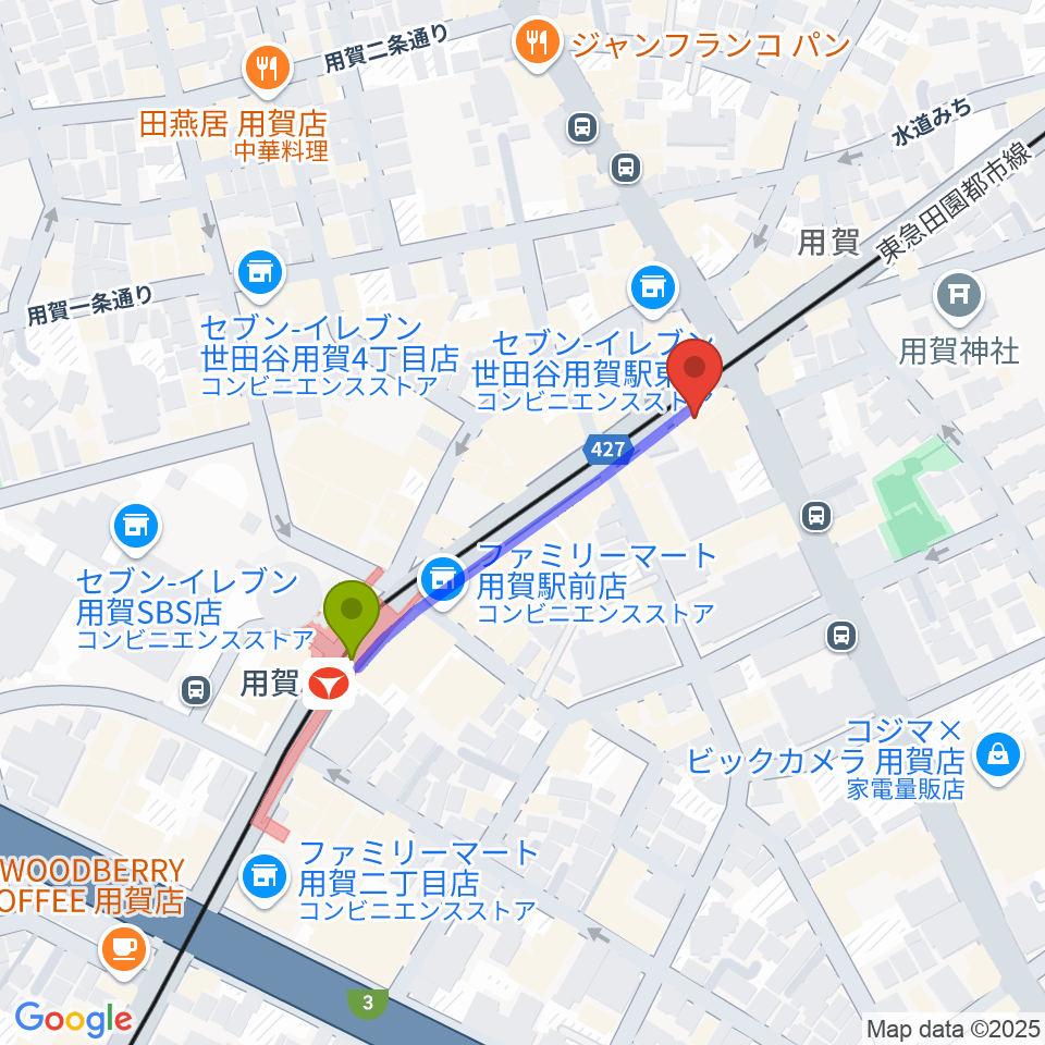 ママンベビー用賀教室の最寄駅用賀駅からの徒歩ルート（約3分）地図