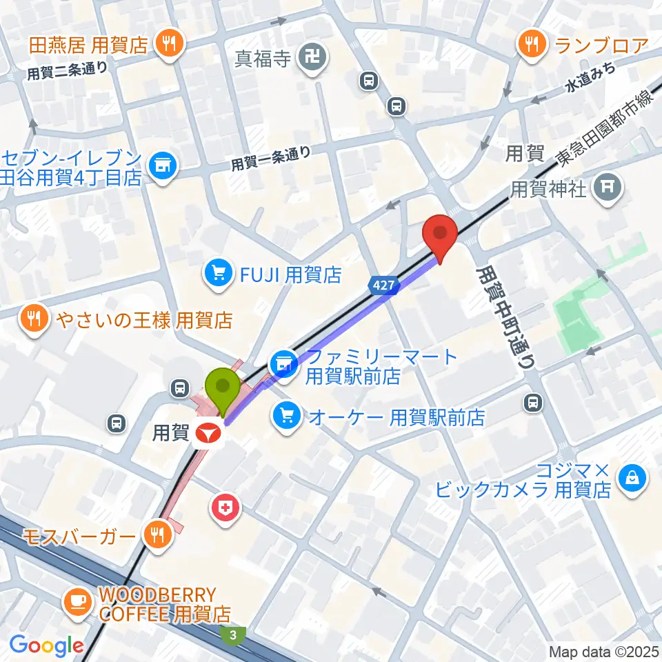 ママンベビー用賀教室の最寄駅用賀駅からの徒歩ルート（約3分）地図