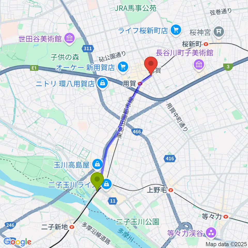 二子玉川駅からママンベビー用賀教室へのルートマップ地図