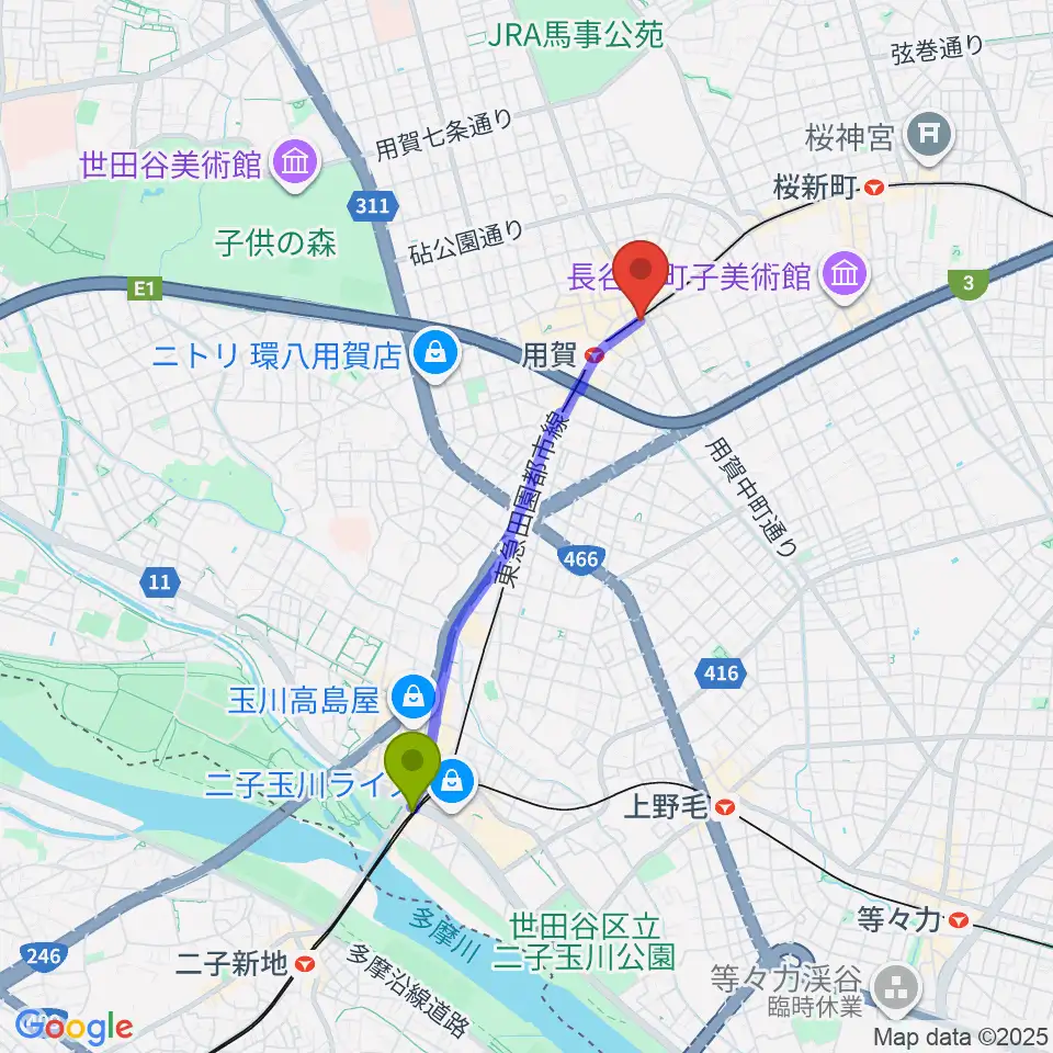 二子玉川駅からママンベビー用賀教室へのルートマップ地図