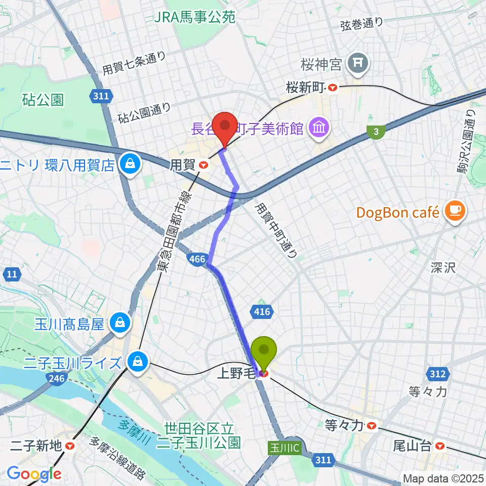 上野毛駅からママンベビー用賀教室へのルートマップ地図