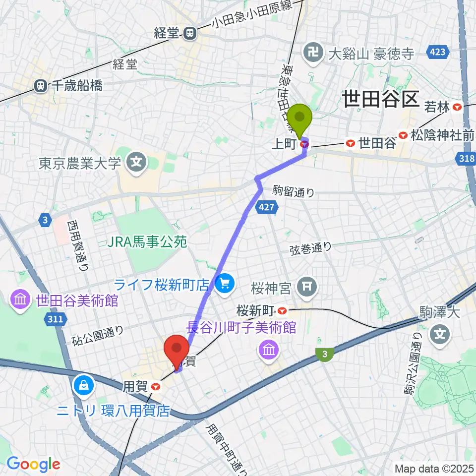 上町駅からママンベビー用賀教室へのルートマップ地図