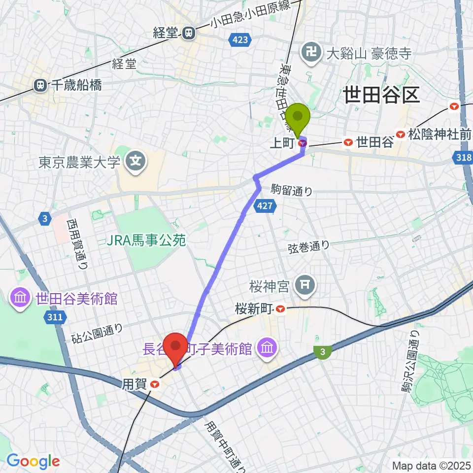 上町駅からママンベビー用賀教室へのルートマップ地図