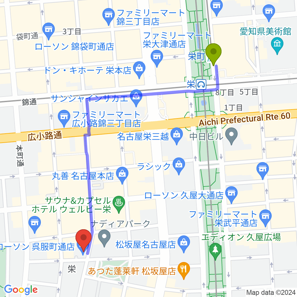 栄町駅から名古屋スクールオブミュージック&ダンス専門学校へのルートマップ地図