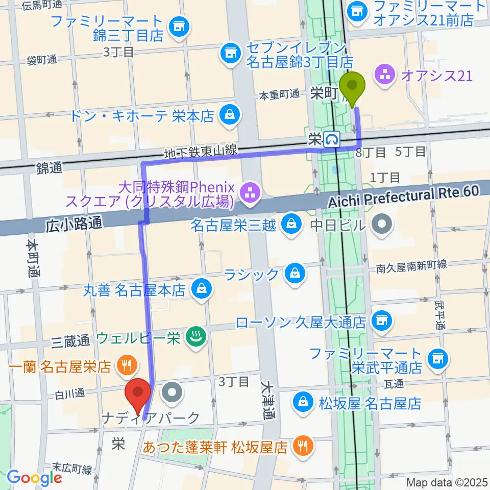 栄町駅から名古屋スクールオブミュージック&ダンス専門学校へのルートマップ地図