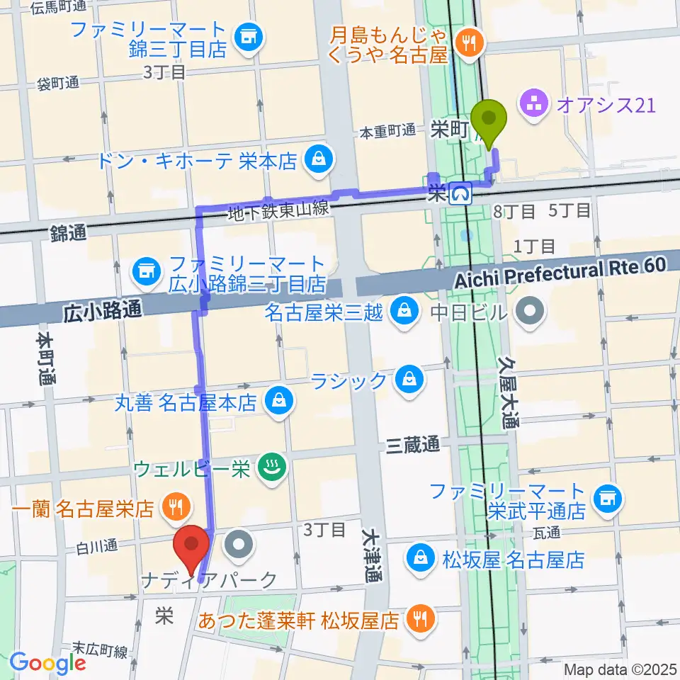 栄町駅から名古屋スクールオブミュージック&ダンス専門学校へのルートマップ地図
