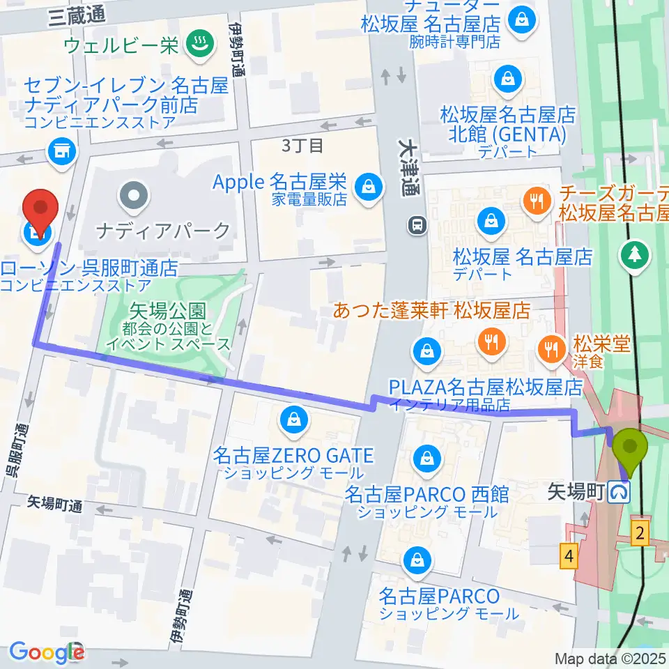 名古屋スクールオブミュージック&ダンス専門学校の最寄駅矢場町駅からの徒歩ルート（約7分）地図